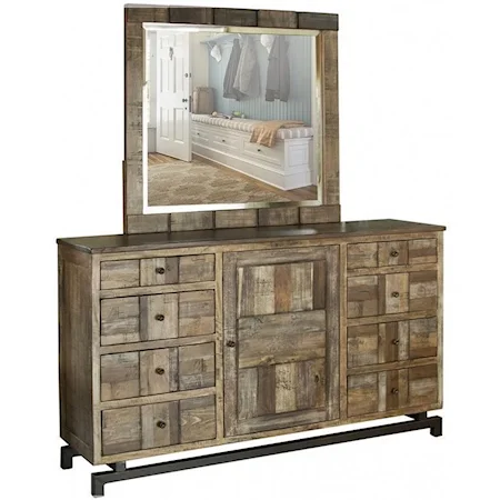 Rustic Solid Wood 8 Drawer and 1 Door Dresser and Mirror